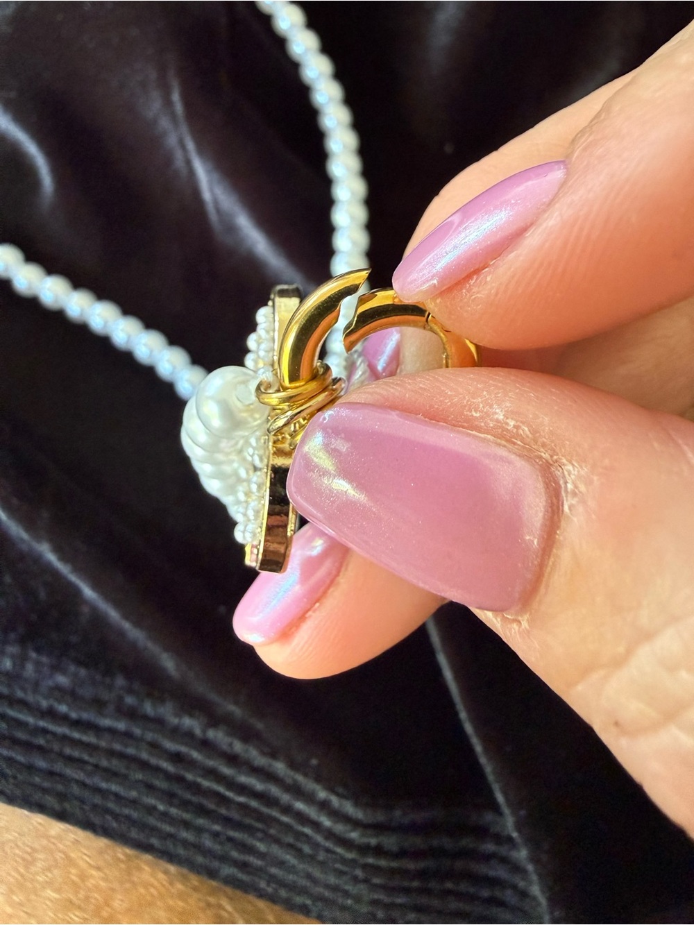 ChaneI Gold & White Pearl Logo Pendant Necklace - Picture 6 of 7